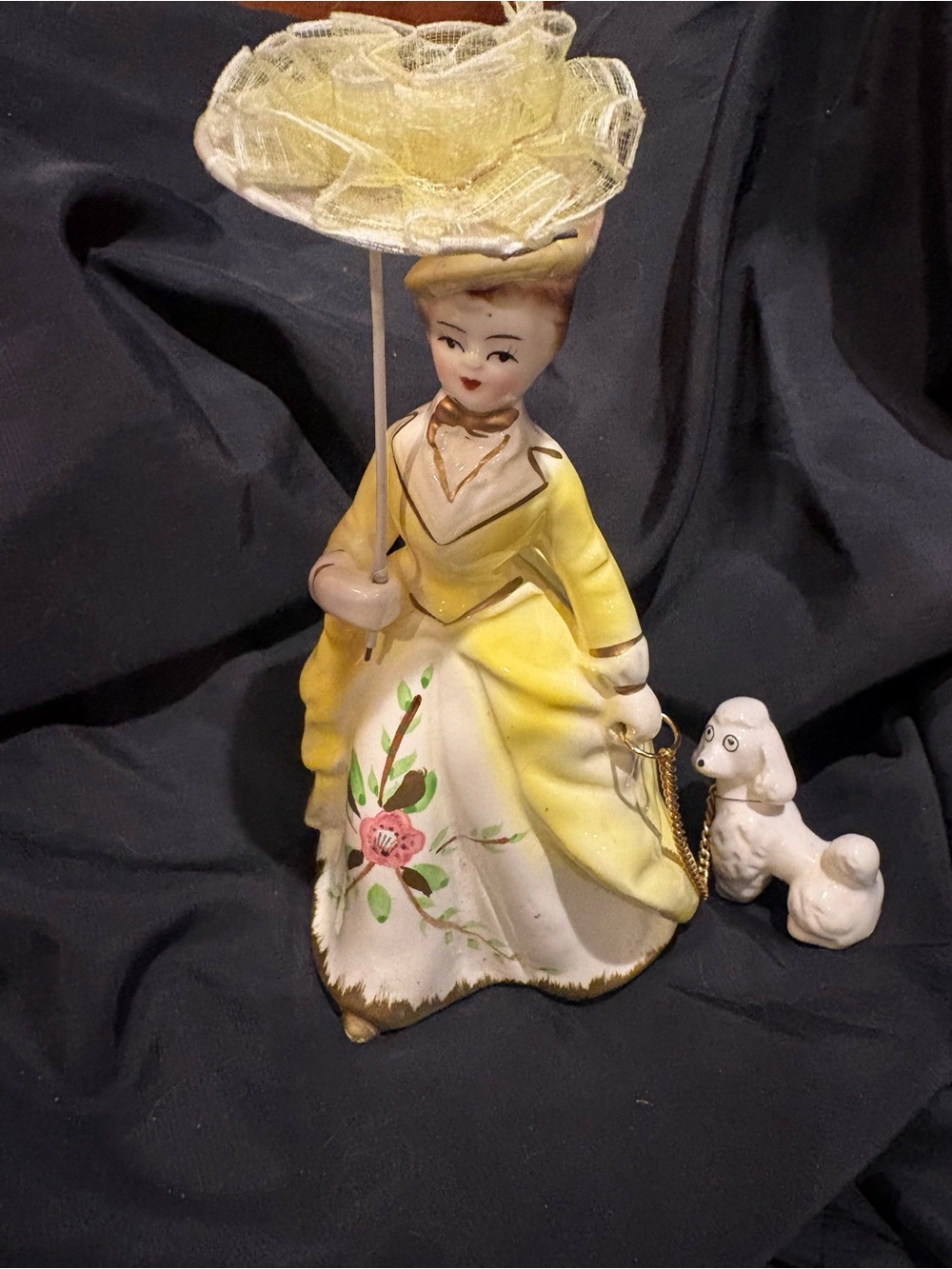 Source Unknown Yellow and White Porcelain Lady with Parasol and Dog